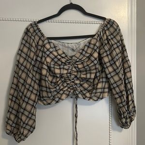Zara crop top with plaid design roushing on the front three-quarter sleeves